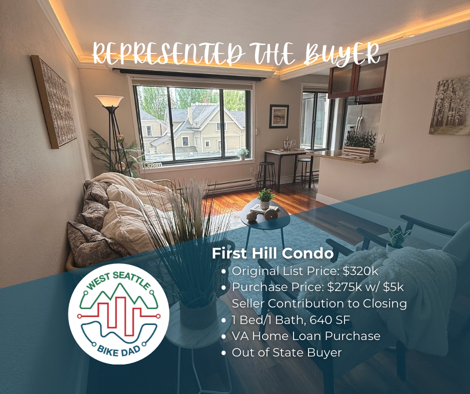 A one bedroom one bath condo in First Hill purchased for $275,000 with $5,000 in seller credits to minimize my VA Home Loan buyer's out of pocket costs. Walkable neighborhood with easy transit access.