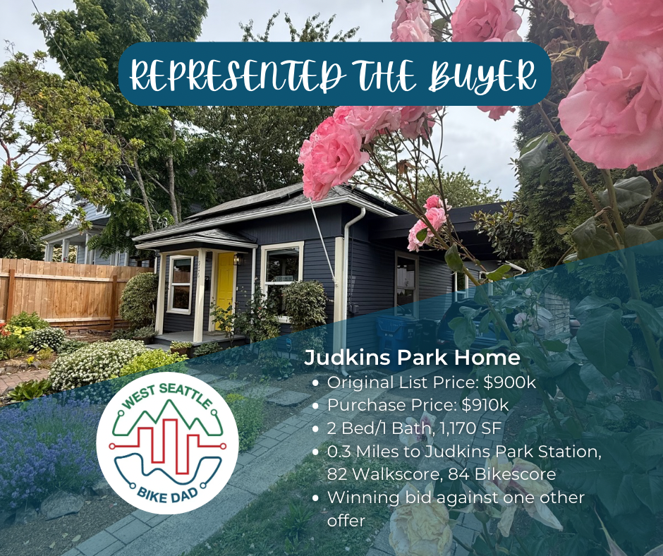 Represented a first-time homebuyer to purchase this $910k two bedroom one bath house in Judkins Park. Close to light rail, an 84 walkscore, 82 bikescore, and walking distance to groceries and restaurants. This single-family home boasts a beautifully manicured garden, solar panels, on-site parking, and a hot tub.
